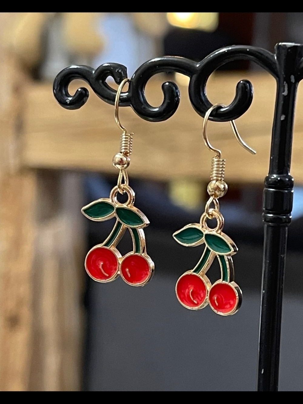 Gold-Tone Red Cherry Dangle Earrings NWT - Picture 5 of 5